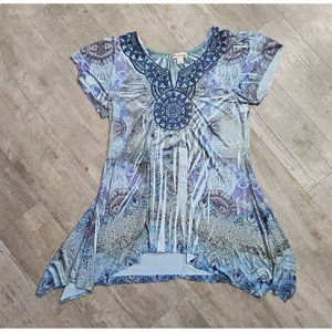 World Unity Top S Blue Artsy Boho Hippie Stretch Knit Tunic Shirt Blouse Small